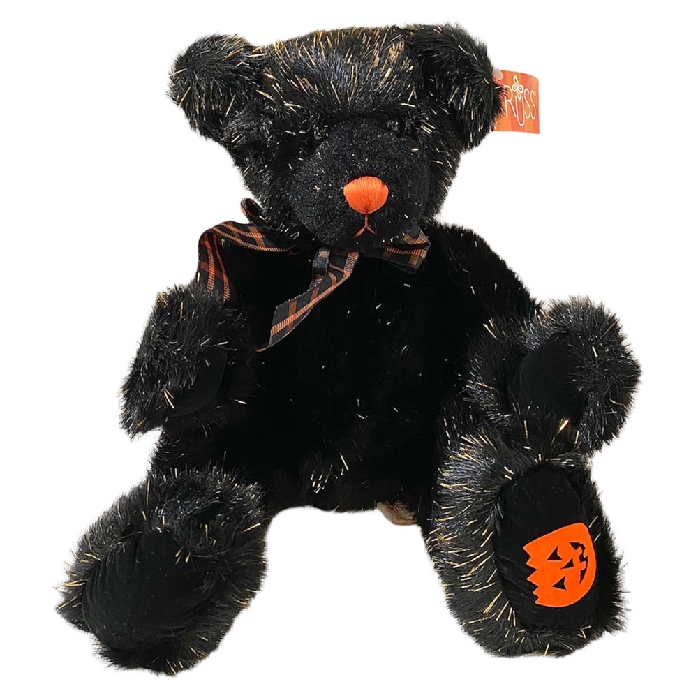 RUSS BERRIE SPARKY HALLOWEEN PLUSH TEDDY BEAR BLACK/ORANGE W/ TINSEL 9” NWT